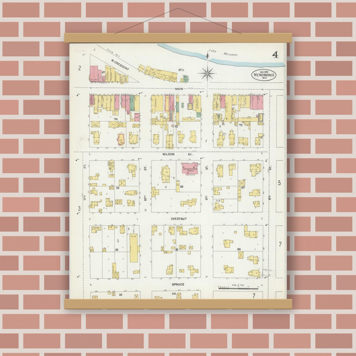 Old map wall art mockup — magnetic wood frame on brick wall — Sanborn Fire Insurance Map from Menomonie, Dunn County, Wisconsin (1902), Sheet #0004