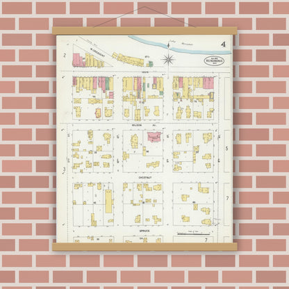 Old map wall art mockup — magnetic wood frame on brick wall — Sanborn Fire Insurance Map from Menomonie, Dunn County, Wisconsin (1902), Sheet #0004
