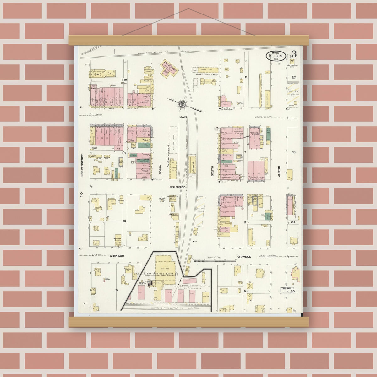 Old map wall art mockup — magnetic wood frame on brick wall — Sanborn Fire Insurance Map from Elgin, Bastrop County, Texas (1910), Sheet #0003