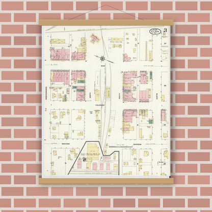 Old map wall art mockup — magnetic wood frame on brick wall — Sanborn Fire Insurance Map from Elgin, Bastrop County, Texas (1910), Sheet #0003