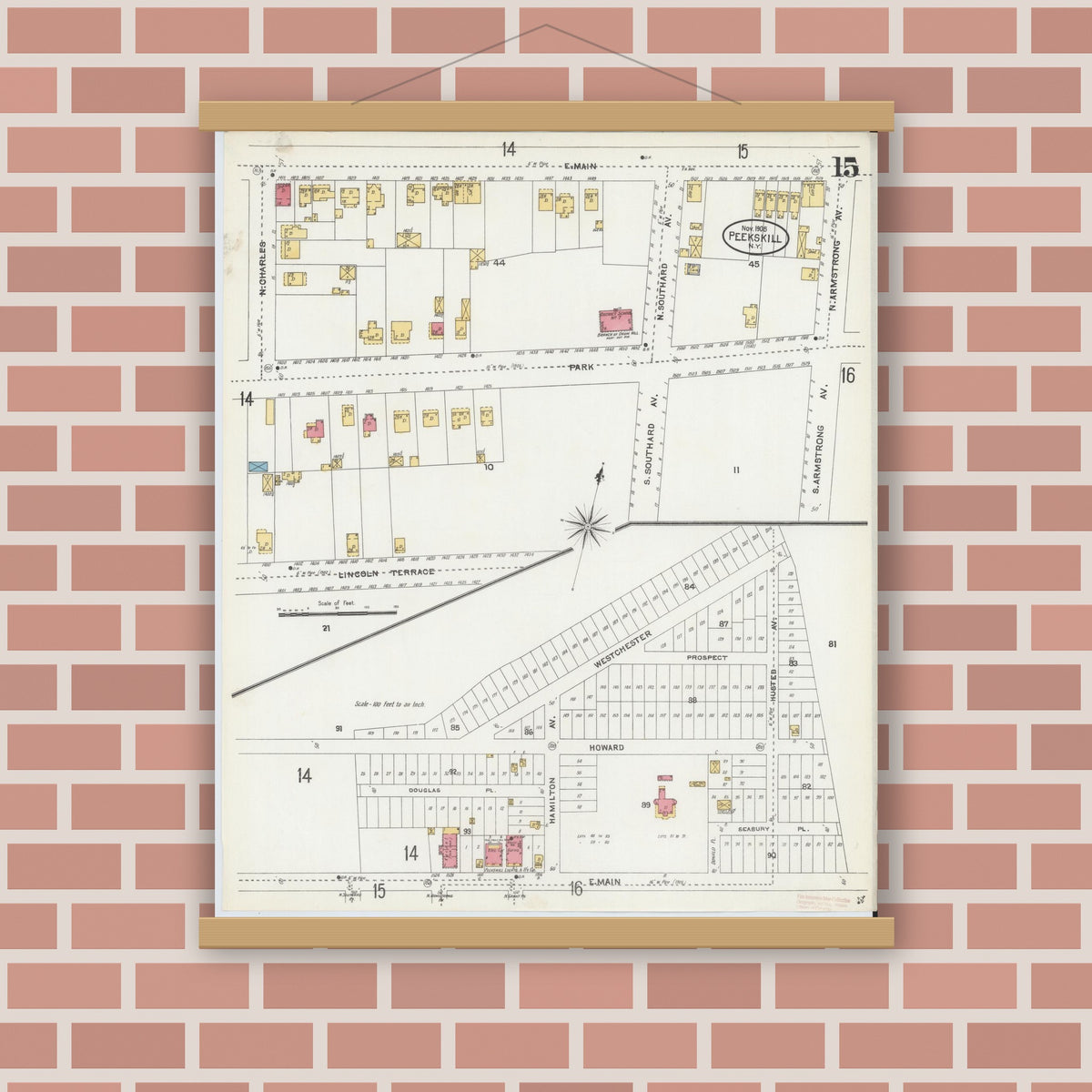 Old map wall art mockup — magnetic wood frame on brick wall — Sanborn Fire Insurance Map from Peekskill, Westchester County, New York (1905), Sheet #0015