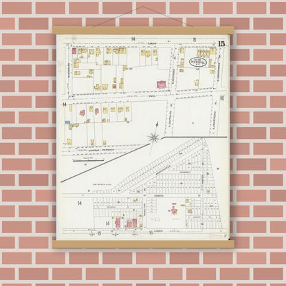 Old map wall art mockup — magnetic wood frame on brick wall — Sanborn Fire Insurance Map from Peekskill, Westchester County, New York (1905), Sheet #0015