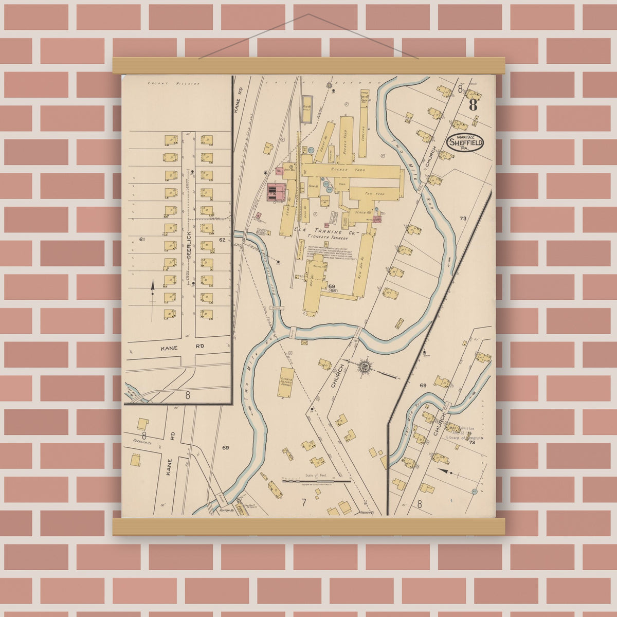 Old map wall art mockup — magnetic wood frame on brick wall — Sanborn Fire Insurance Map from Sheffield, Warren County, Pennsylvania (1922), Sheet #0008