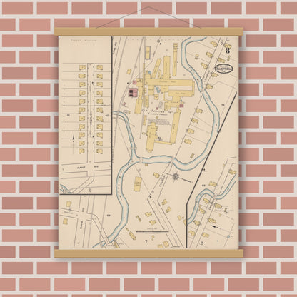 Old map wall art mockup — magnetic wood frame on brick wall — Sanborn Fire Insurance Map from Sheffield, Warren County, Pennsylvania (1922), Sheet #0008