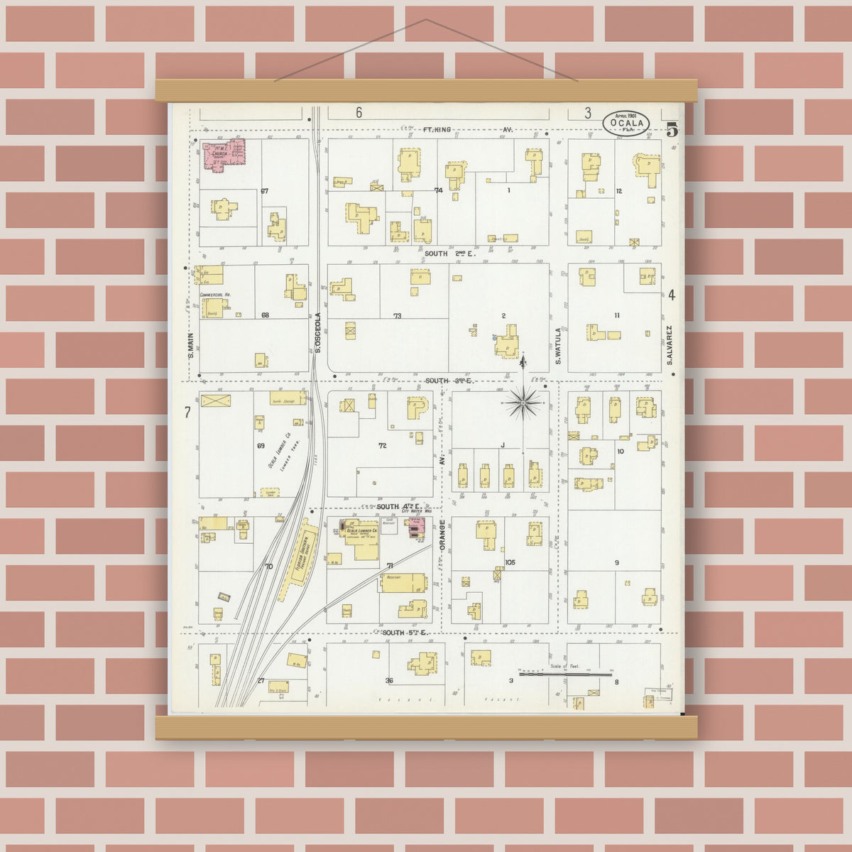 Old map wall art mockup — magnetic wood frame on brick wall — Sanborn Fire Insurance Map from Ocala, Marion County, Florida (1901), Sheet #0005