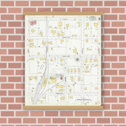 Old map wall art mockup — magnetic wood frame on brick wall — Sanborn Fire Insurance Map from Ocala, Marion County, Florida (1901), Sheet #0005