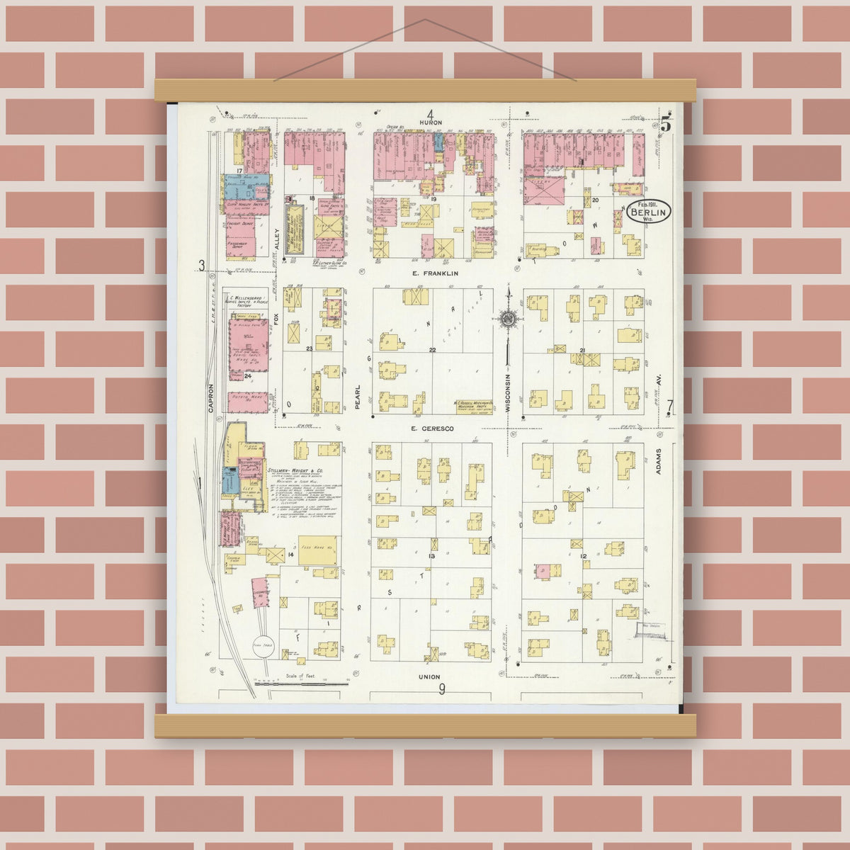 Old map wall art mockup — magnetic wood frame on brick wall — Sanborn Fire Insurance Map from Berlin, Green Lake County, Wisconsin (1911), Sheet #0005