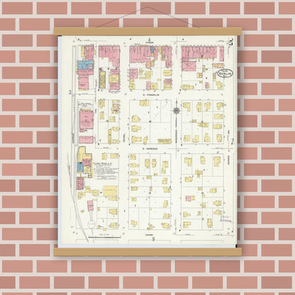 Old map wall art mockup — magnetic wood frame on brick wall — Sanborn Fire Insurance Map from Berlin, Green Lake County, Wisconsin (1911), Sheet #0005