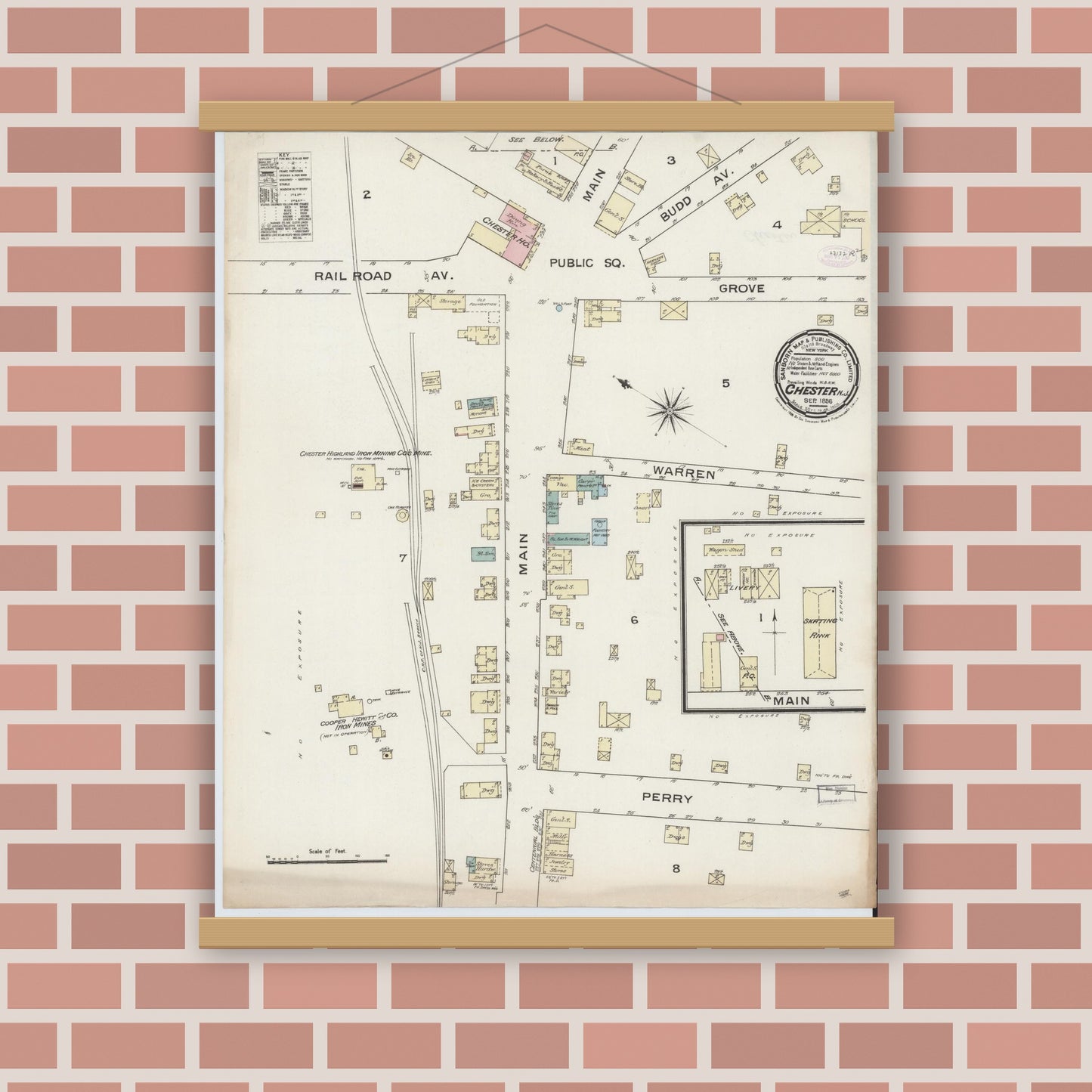 Old map wall art mockup — magnetic wood frame on brick wall — Sanborn Fire Insurance Map from Chester, Morris County, New Jersey (1886), Sheet #0001