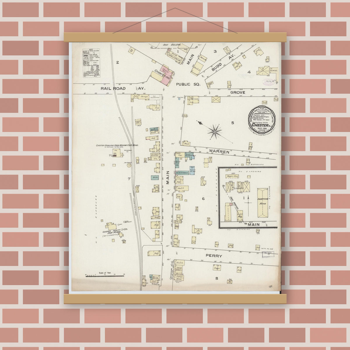 Old map wall art mockup — magnetic wood frame on brick wall — Sanborn Fire Insurance Map from Chester, Morris County, New Jersey (1886), Sheet #0001
