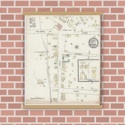 Old map wall art mockup — magnetic wood frame on brick wall — Sanborn Fire Insurance Map from Chester, Morris County, New Jersey (1886), Sheet #0001