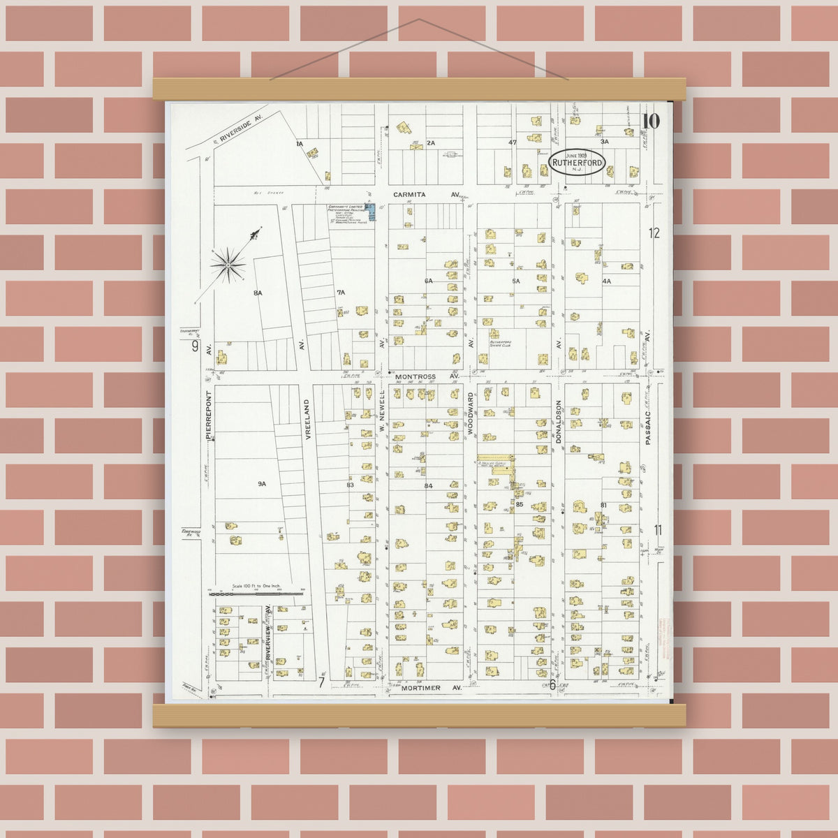 Old map wall art mockup — magnetic wood frame on brick wall — Sanborn Fire Insurance Map from Rutherford, Bergen County, New Jersey (1909), Sheet #0010