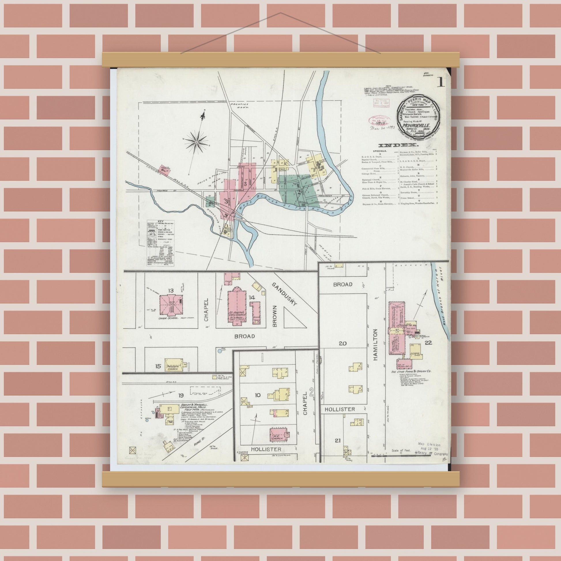 Old map wall art mockup — magnetic wood frame on brick wall — Sanborn Fire Insurance Map from Monroeville, Huron County, Ohio (1893), Sheet #0001