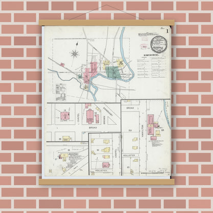 Old map wall art mockup — magnetic wood frame on brick wall — Sanborn Fire Insurance Map from Monroeville, Huron County, Ohio (1893), Sheet #0001