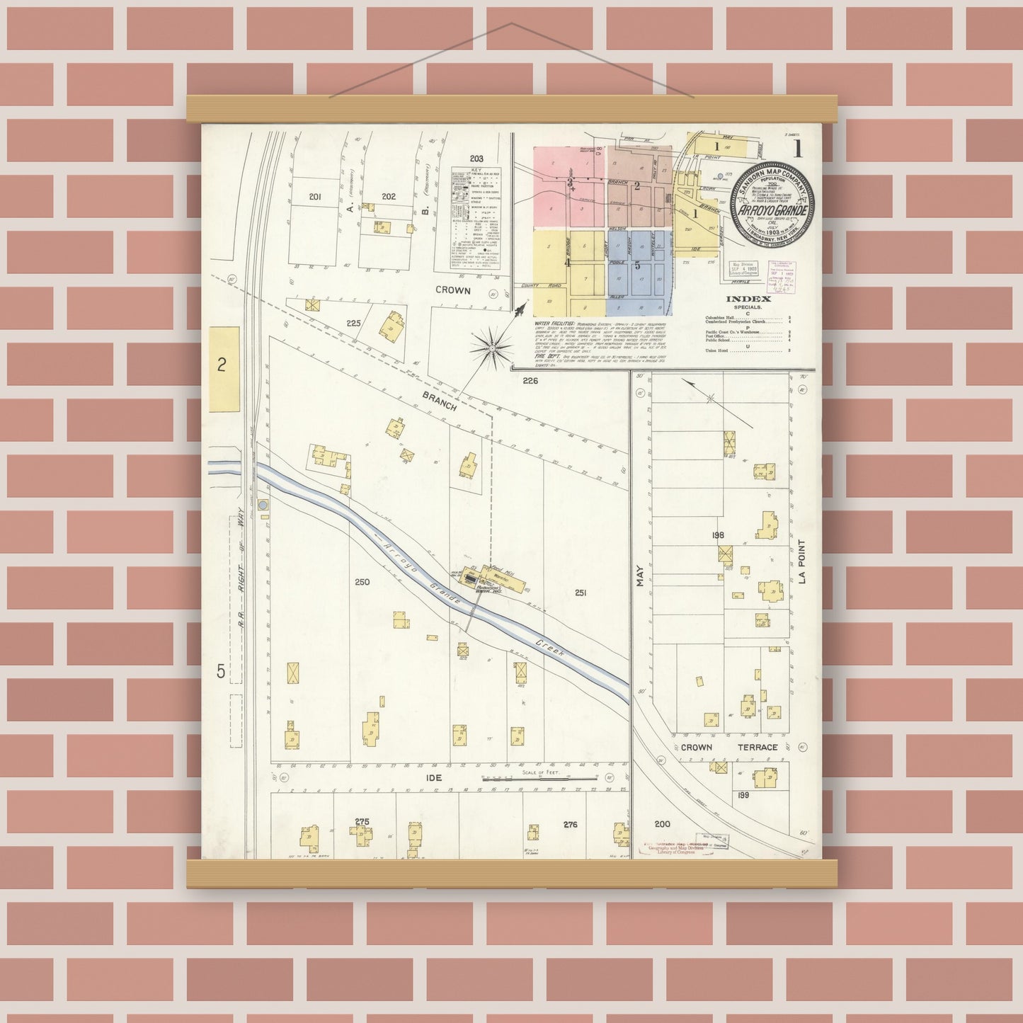 Old map wall art mockup — magnetic wood frame on brick wall — Sanborn Fire Insurance Map from Arroyo Grande, San Luis Obispo County, California (1903), Sheet #0001