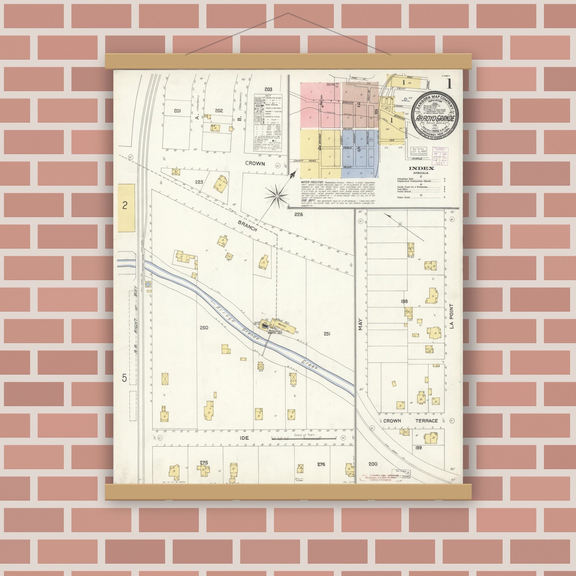 Old map wall art mockup — magnetic wood frame on brick wall — Sanborn Fire Insurance Map from Arroyo Grande, San Luis Obispo County, California (1903), Sheet #0001