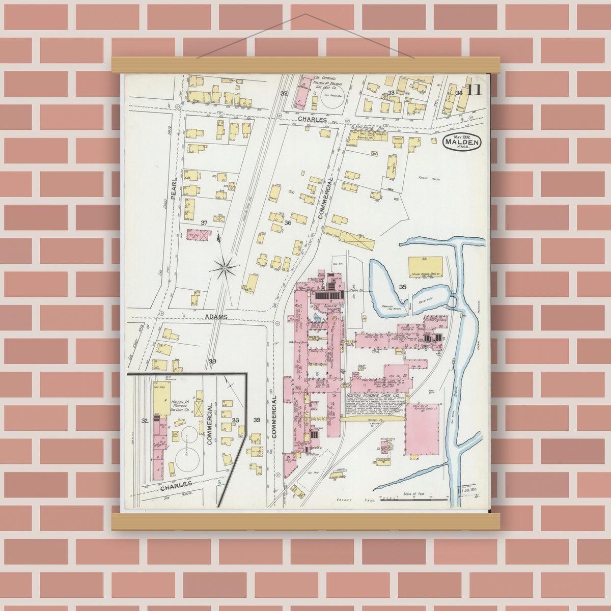 Old map wall art mockup — magnetic wood frame on brick wall — Sanborn Fire Insurance Map from Malden, Middlesex County, Massachusetts (1892), Sheet #0011