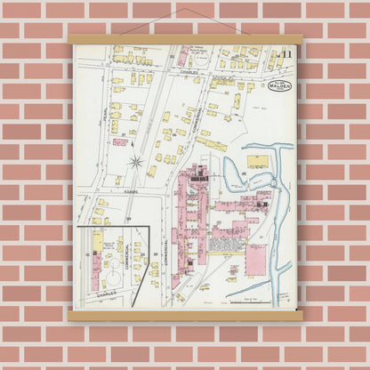 Old map wall art mockup — magnetic wood frame on brick wall — Sanborn Fire Insurance Map from Malden, Middlesex County, Massachusetts (1892), Sheet #0011