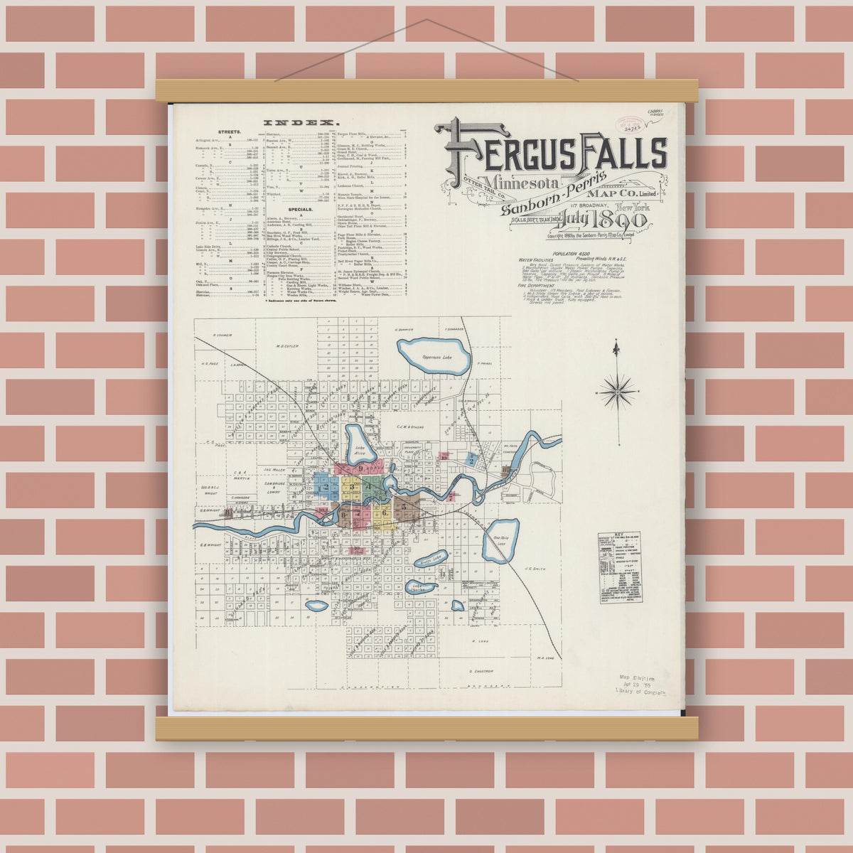 Old map wall art mockup — magnetic wood frame on brick wall — Sanborn Fire Insurance Map from Fergus Falls, Otter Tail County, Minnesota (1890) - Complete Map Set