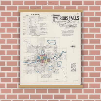 Old map wall art mockup — magnetic wood frame on brick wall — Sanborn Fire Insurance Map from Fergus Falls, Otter Tail County, Minnesota (1890) - Complete Map Set