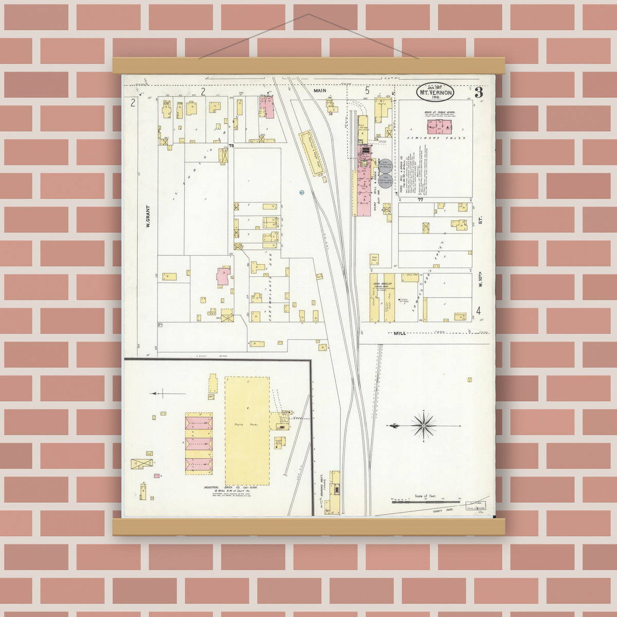 Old map wall art mockup — magnetic wood frame on brick wall — Sanborn Fire Insurance Map from Mount Vernon, Posey County, Indiana (1907), Sheet #0003