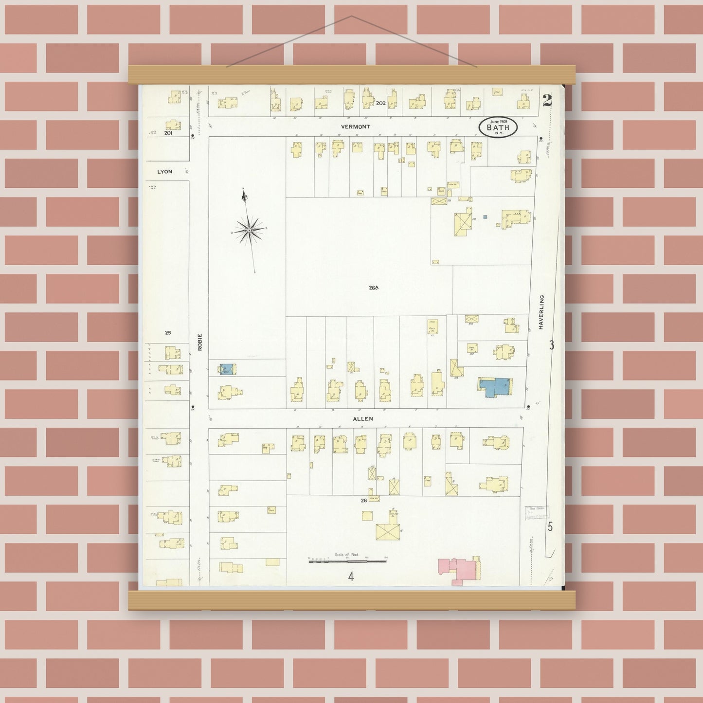 Old map wall art mockup — magnetic wood frame on brick wall — Sanborn Fire Insurance Map from Bath, Steuben County, New York (1909) - Complete Map Set
