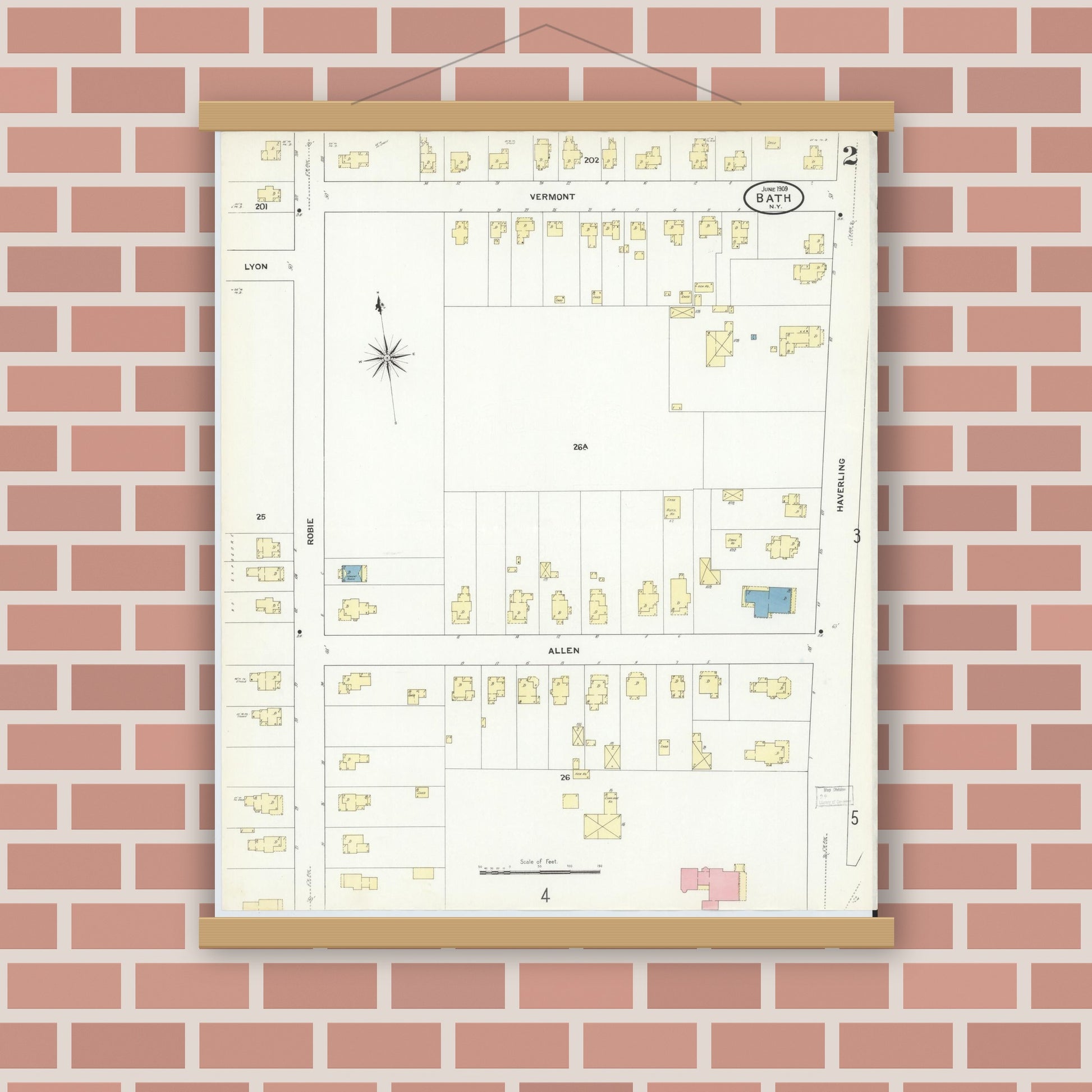 Old map wall art mockup — magnetic wood frame on brick wall — Sanborn Fire Insurance Map from Bath, Steuben County, New York (1909) - Complete Map Set