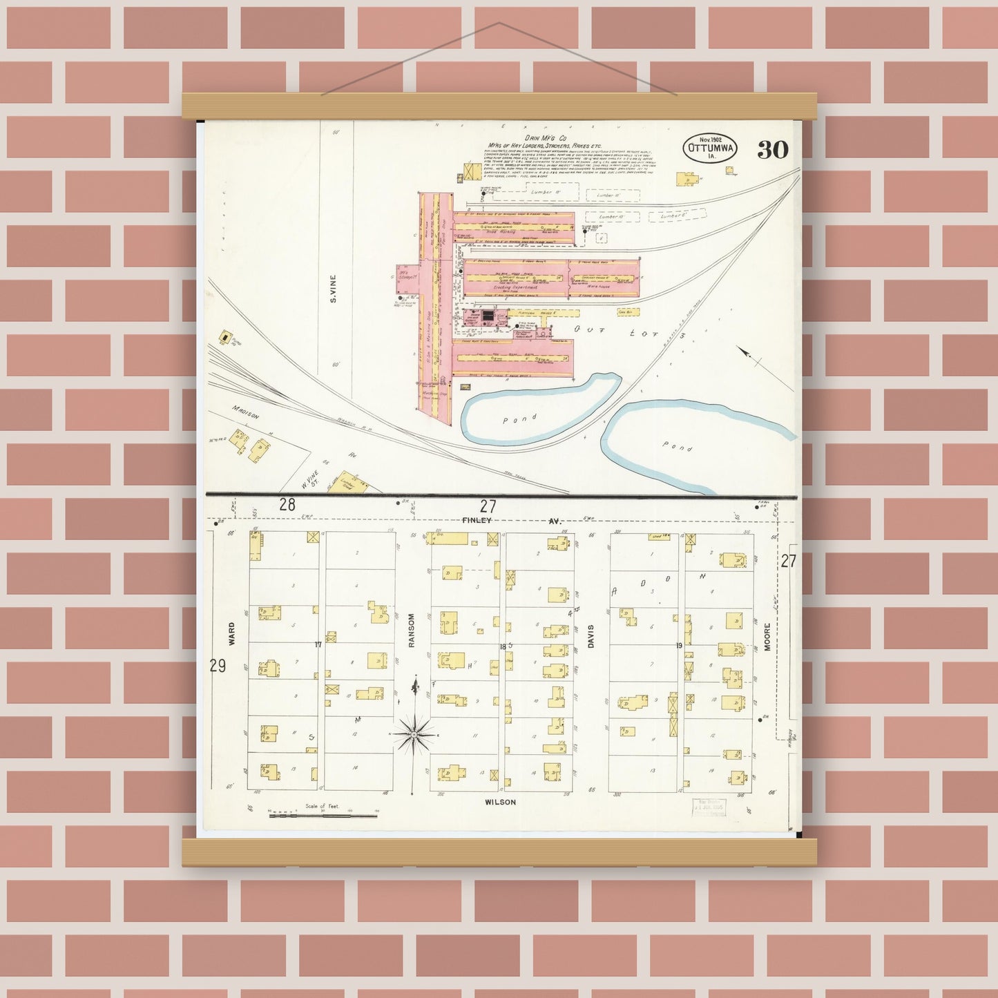 Old map wall art mockup — magnetic wood frame on brick wall — Sanborn Fire Insurance Map from Ottumwa, Wapello County, Iowa (1902), Sheet #0030