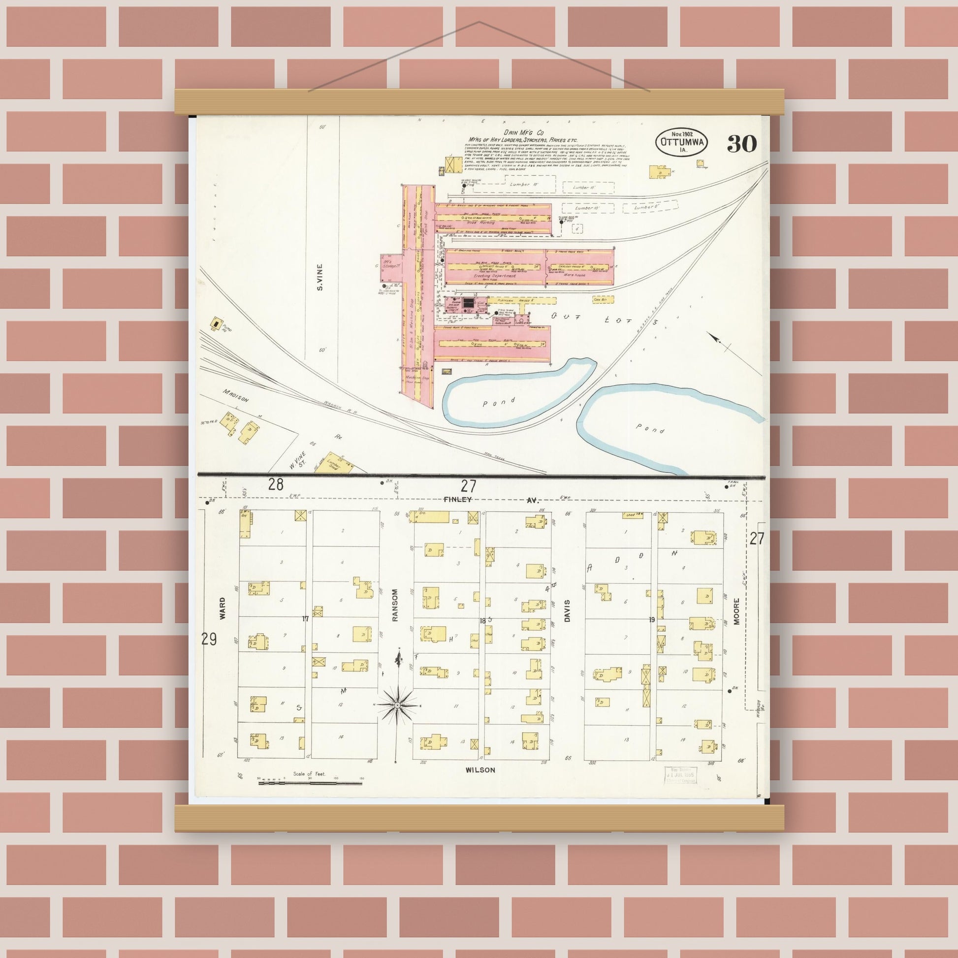 Old map wall art mockup — magnetic wood frame on brick wall — Sanborn Fire Insurance Map from Ottumwa, Wapello County, Iowa (1902), Sheet #0030