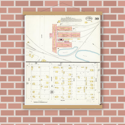 Old map wall art mockup — magnetic wood frame on brick wall — Sanborn Fire Insurance Map from Ottumwa, Wapello County, Iowa (1902), Sheet #0030
