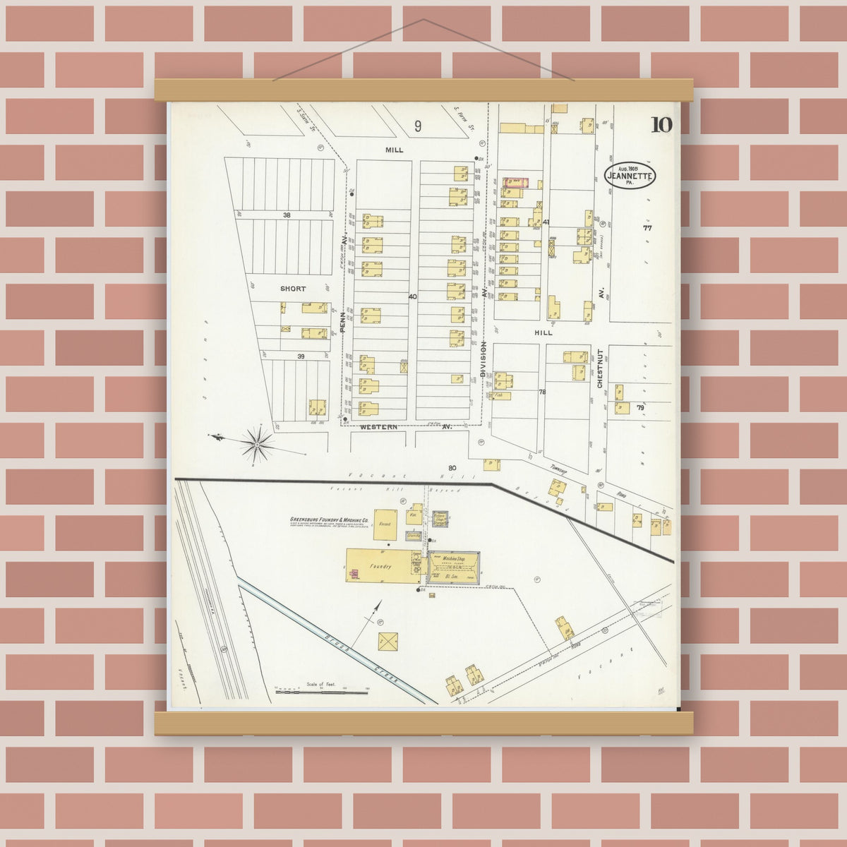 Old map wall art mockup — magnetic wood frame on brick wall — Sanborn Fire Insurance Map from Jeannette, Westmoreland County, Pennsylvania (1905), Sheet #0010