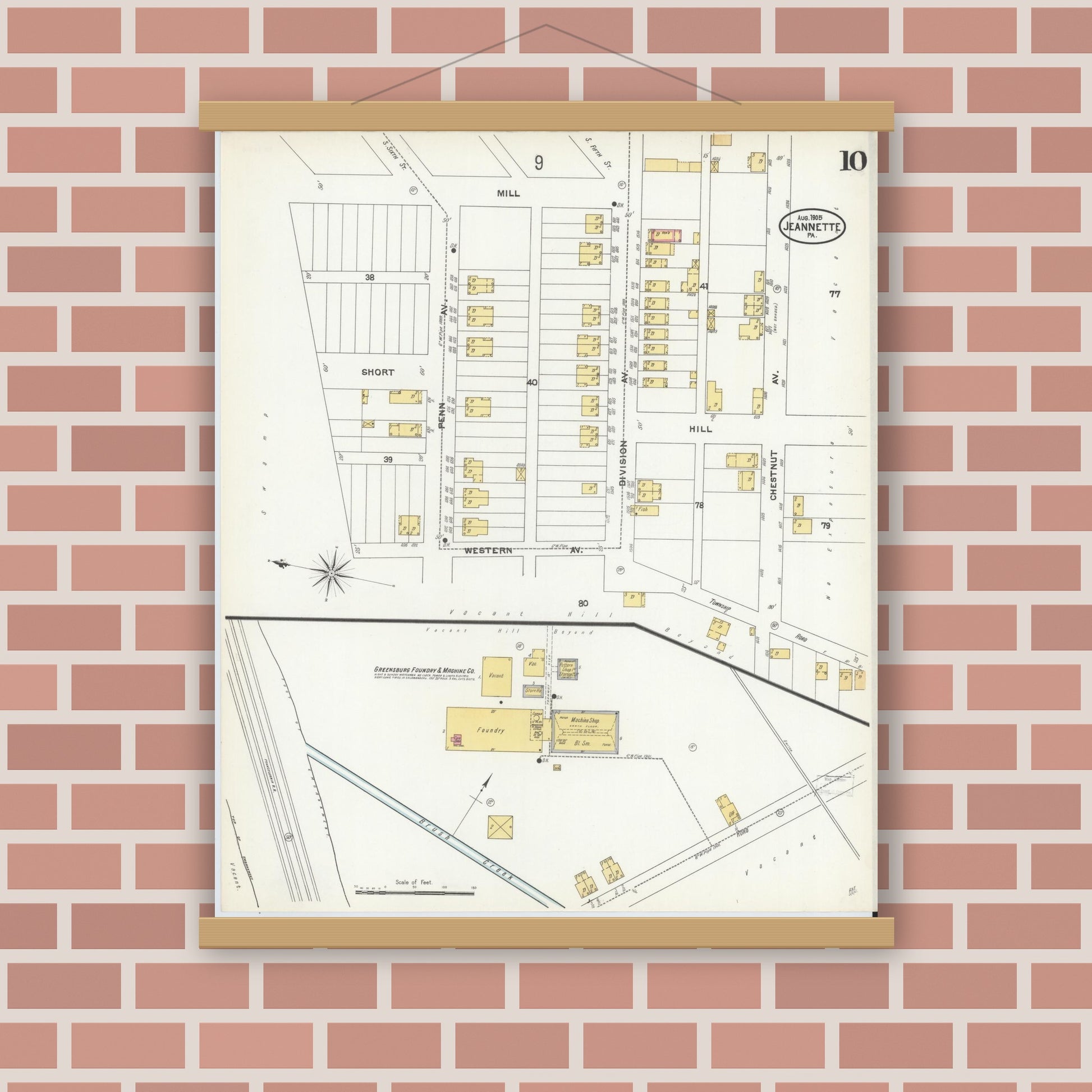 Old map wall art mockup — magnetic wood frame on brick wall — Sanborn Fire Insurance Map from Jeannette, Westmoreland County, Pennsylvania (1905), Sheet #0010