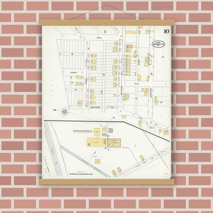 Old map wall art mockup — magnetic wood frame on brick wall — Sanborn Fire Insurance Map from Jeannette, Westmoreland County, Pennsylvania (1905), Sheet #0010