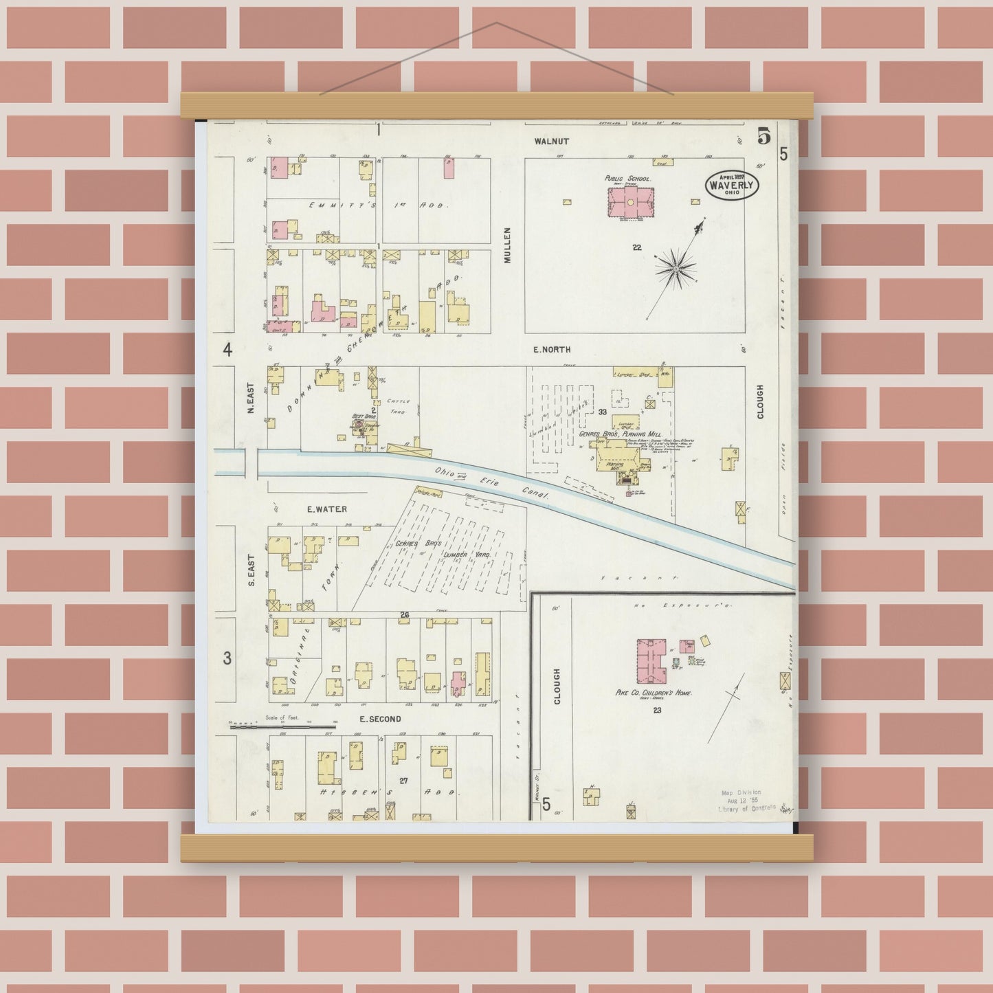 Old map wall art mockup — magnetic wood frame on brick wall — Sanborn Fire Insurance Map from Waverly, Pike County, Ohio (1897), Sheet #0005
