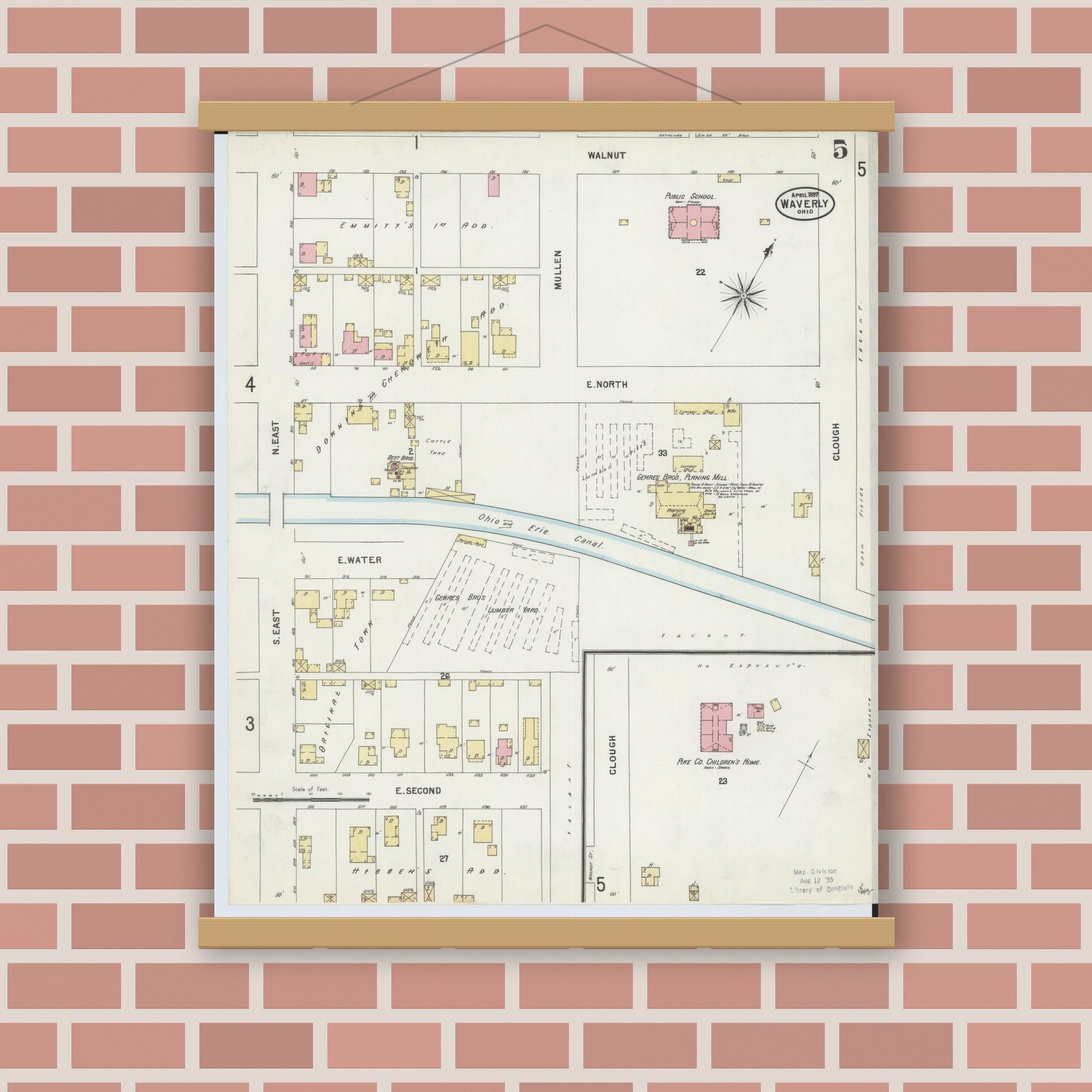 Old map wall art mockup — magnetic wood frame on brick wall — Sanborn Fire Insurance Map from Waverly, Pike County, Ohio (1897), Sheet #0005