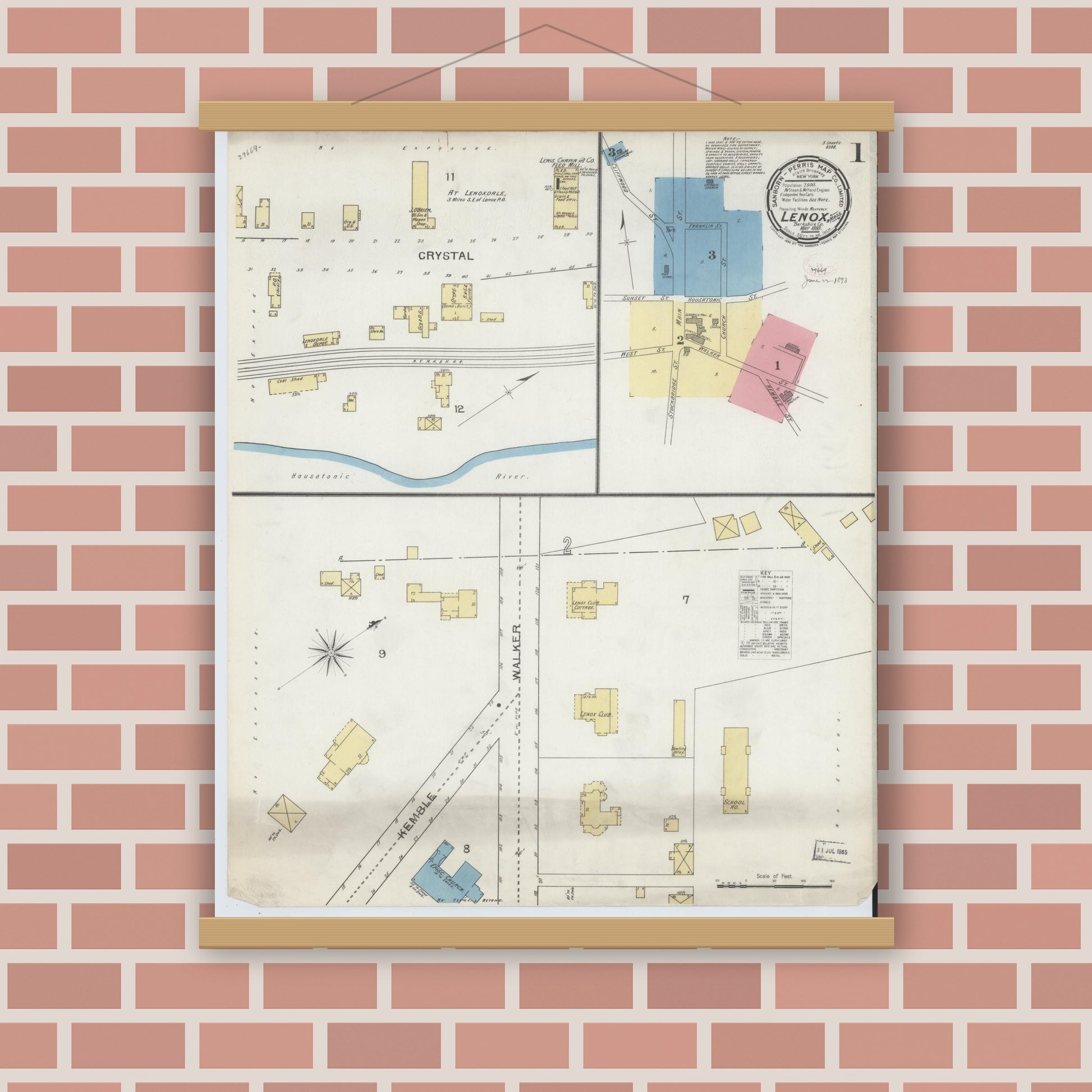 Old map wall art mockup — magnetic wood frame on brick wall — Sanborn Fire Insurance Map from Lenox, Berkshire County, Massachusetts (1893), Sheet #0001