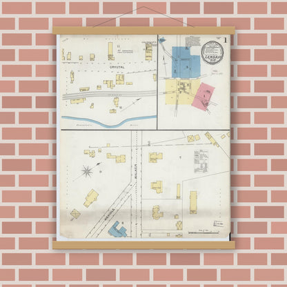 Old map wall art mockup — magnetic wood frame on brick wall — Sanborn Fire Insurance Map from Lenox, Berkshire County, Massachusetts (1893), Sheet #0001