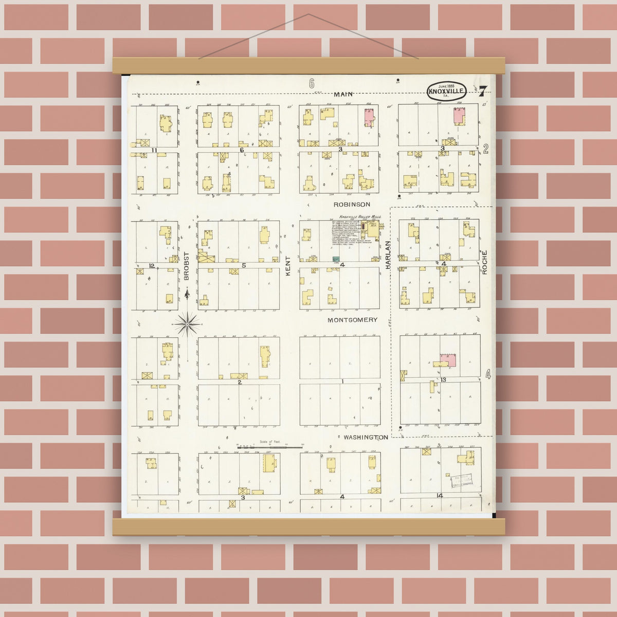 Old map wall art mockup — magnetic wood frame on brick wall — Sanborn Fire Insurance Map from Knoxville, Marion County, Iowa (1893), Sheet #0007