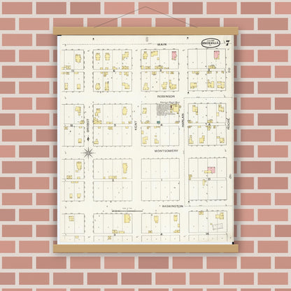 Old map wall art mockup — magnetic wood frame on brick wall — Sanborn Fire Insurance Map from Knoxville, Marion County, Iowa (1893), Sheet #0007