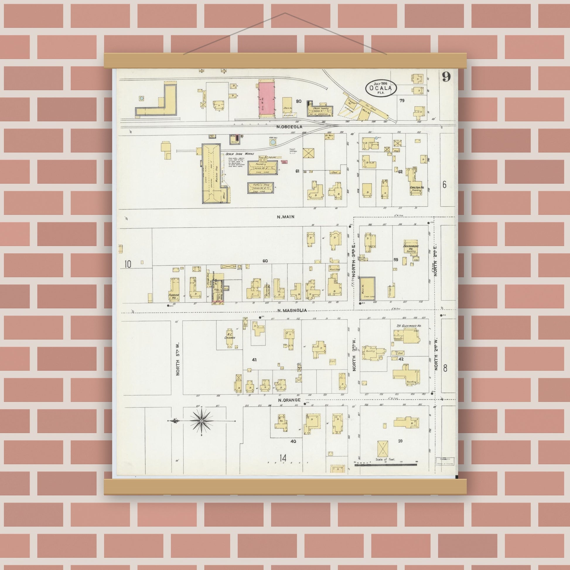 Old map wall art mockup — magnetic wood frame on brick wall — Sanborn Fire Insurance Map from Ocala, Marion County, Florida (1906), Sheet #0009