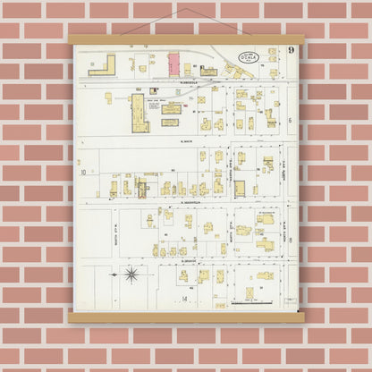 Old map wall art mockup — magnetic wood frame on brick wall — Sanborn Fire Insurance Map from Ocala, Marion County, Florida (1906), Sheet #0009