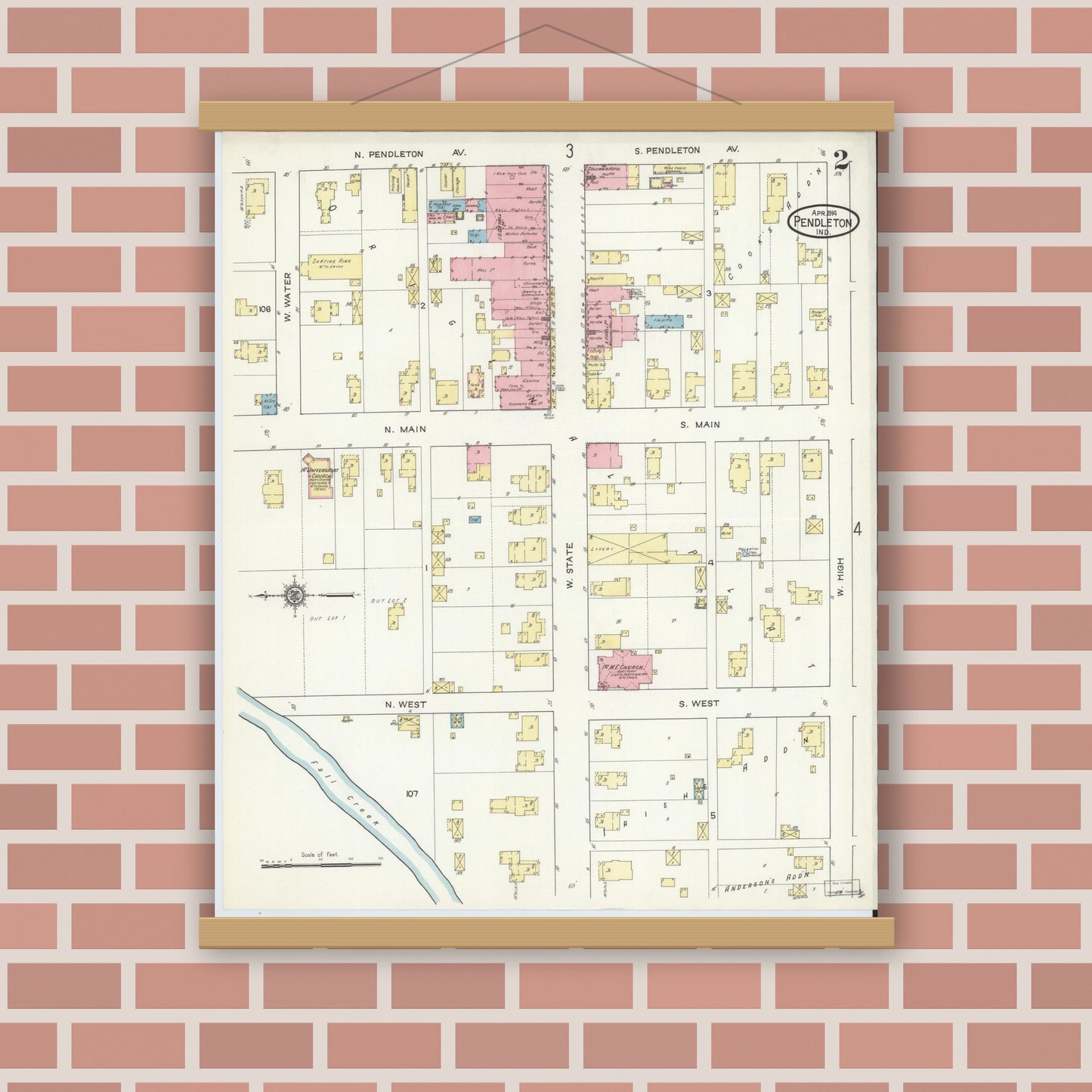 Old map wall art mockup — magnetic wood frame on brick wall — Sanborn Fire Insurance Map from Pendleton, Madison County, Indiana (1914), Sheet #0002