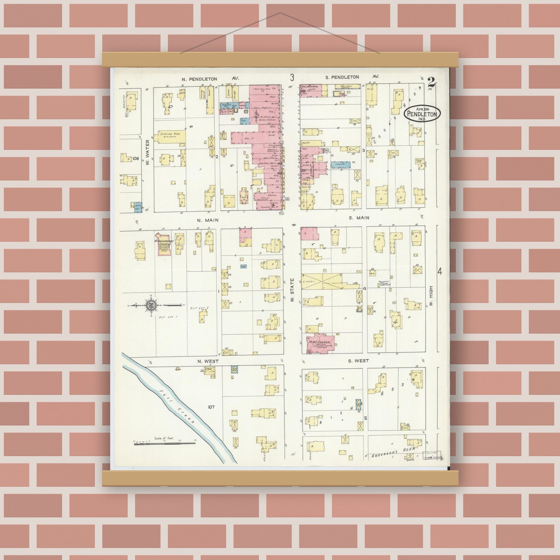 Old map wall art mockup — magnetic wood frame on brick wall — Sanborn Fire Insurance Map from Pendleton, Madison County, Indiana (1914), Sheet #0002