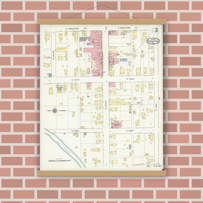 Old map wall art mockup — magnetic wood frame on brick wall — Sanborn Fire Insurance Map from Pendleton, Madison County, Indiana (1914), Sheet #0002