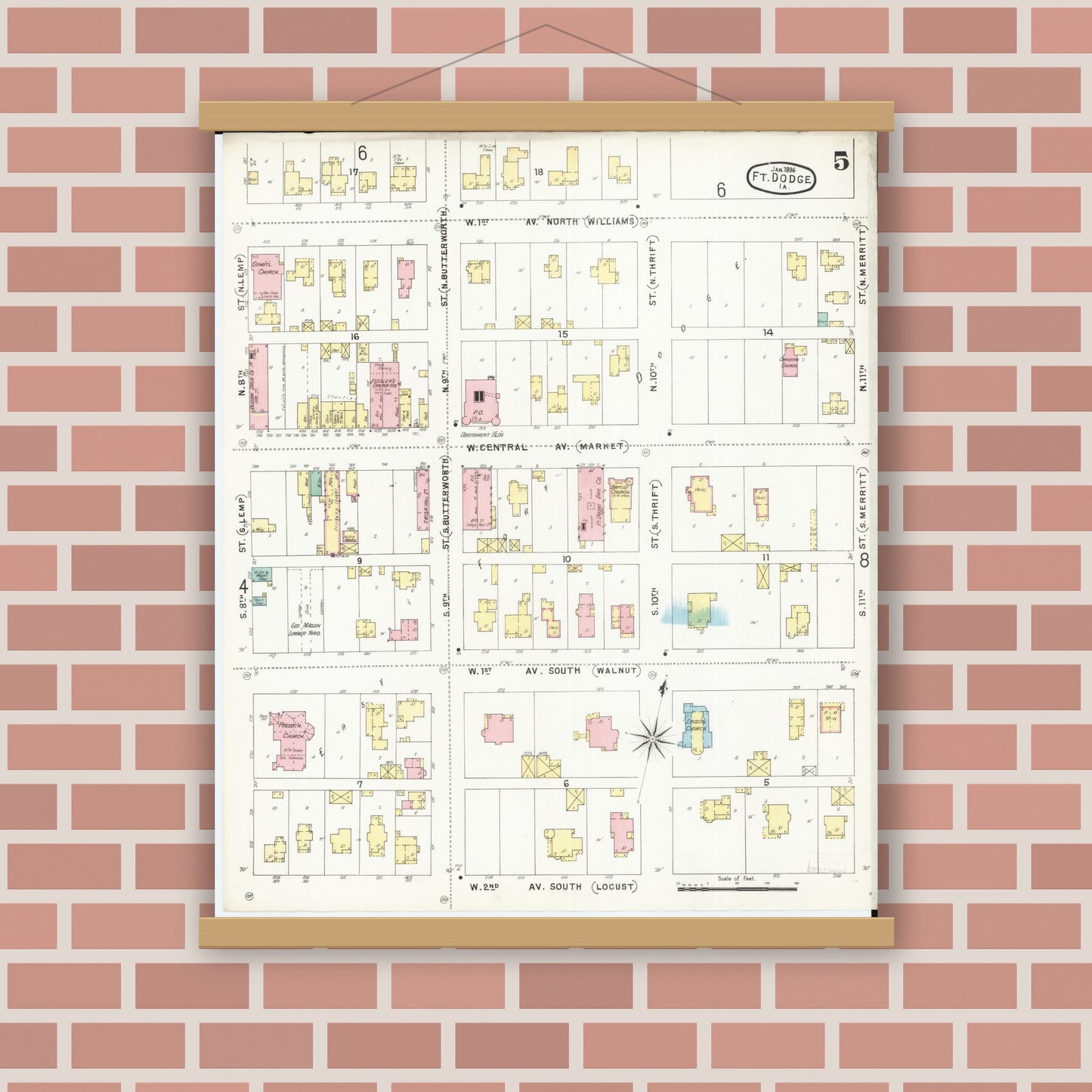 Old map wall art mockup — magnetic wood frame on brick wall — Sanborn Fire Insurance Map from Fort Dodge, Webster County, Iowa (1896), Sheet #0005