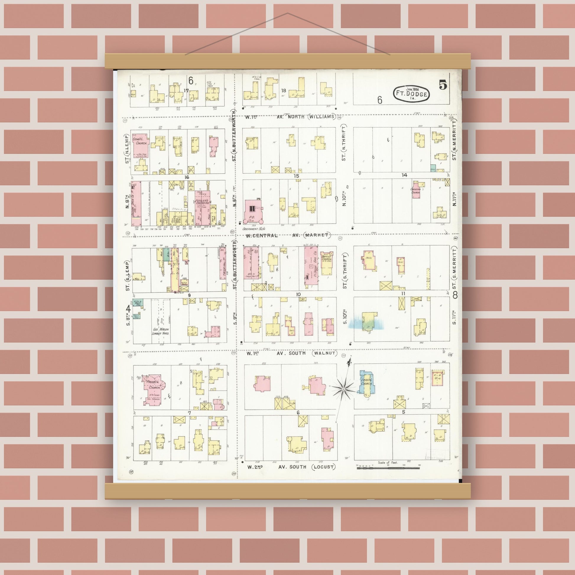 Old map wall art mockup — magnetic wood frame on brick wall — Sanborn Fire Insurance Map from Fort Dodge, Webster County, Iowa (1896), Sheet #0005