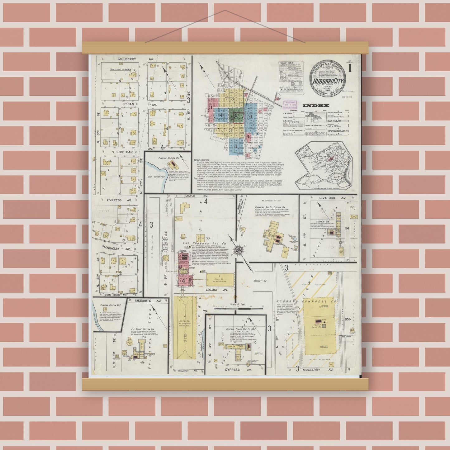 Old map wall art mockup — magnetic wood frame on brick wall — Sanborn Fire Insurance Map from Hubbard, Hill County, Texas (1916), Sheet #0001