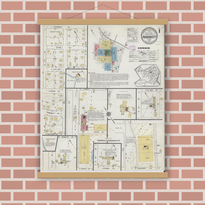 Old map wall art mockup — magnetic wood frame on brick wall — Sanborn Fire Insurance Map from Hubbard, Hill County, Texas (1916), Sheet #0001