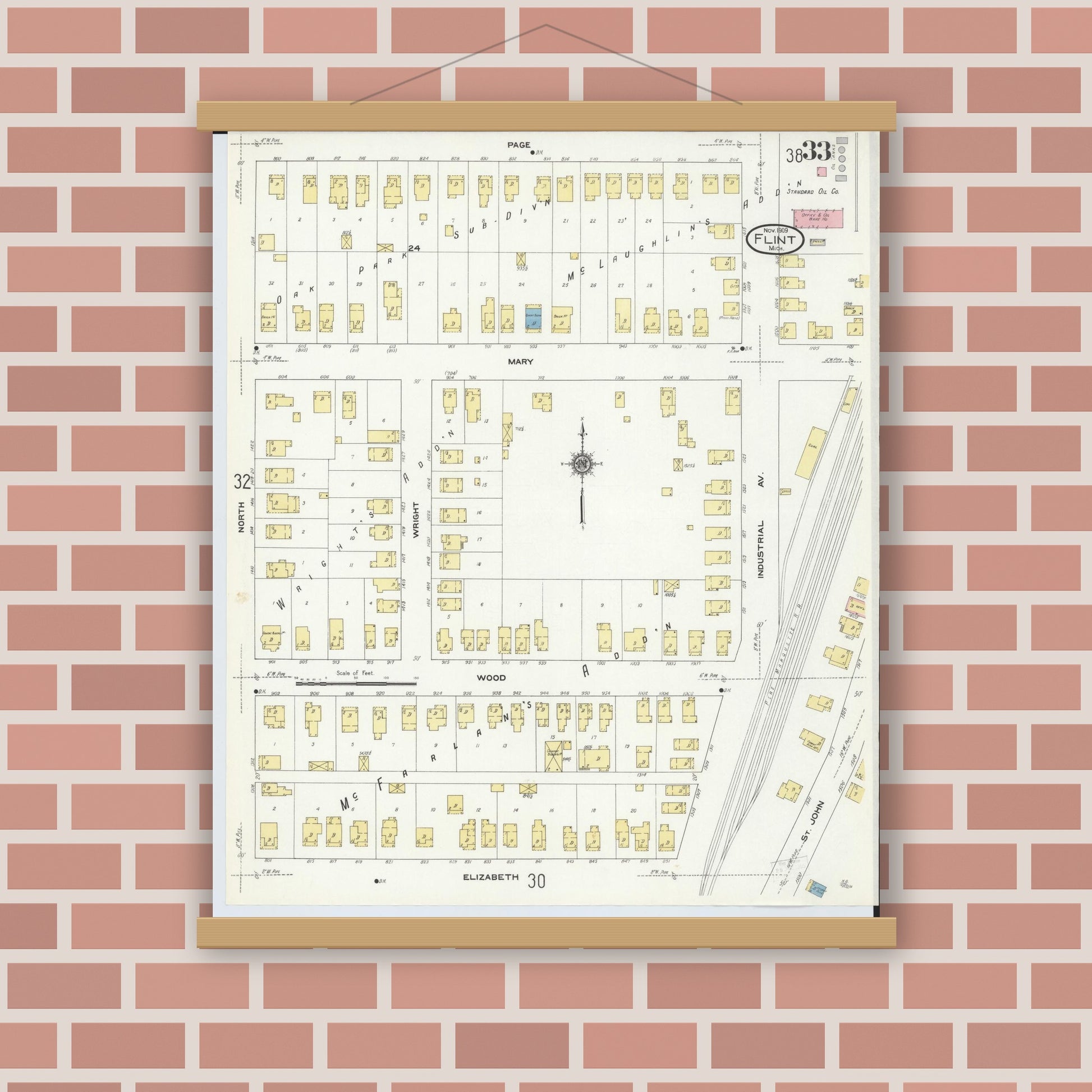Old map wall art mockup — magnetic wood frame on brick wall — Sanborn Fire Insurance Map from Flint, Genesee County, Michigan (1909), Sheet #0033