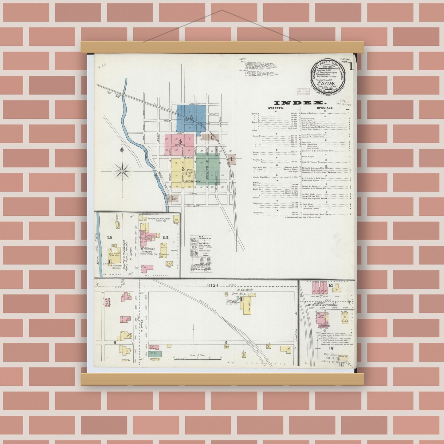 Old map wall art mockup — magnetic wood frame on brick wall — Sanborn Fire Insurance Map from Eaton, Preble County, Ohio (1892) - Complete Map Set